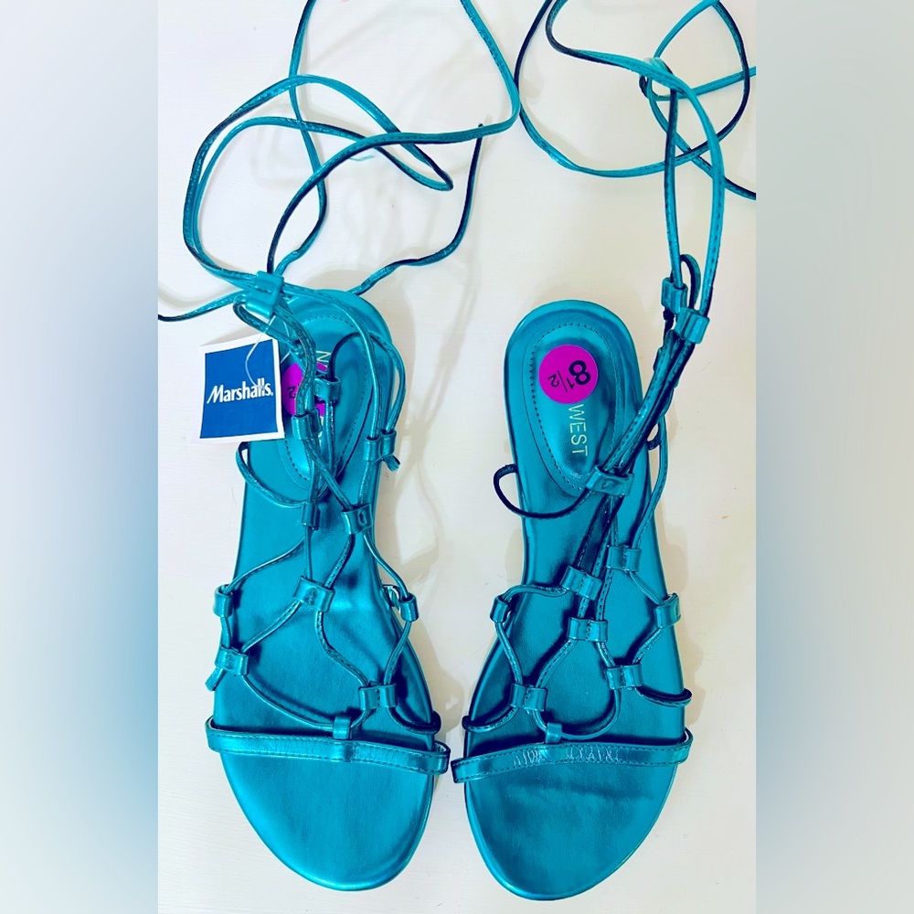 Nine West Women’s Metallic Turquoise Gladiator Flat Sandals